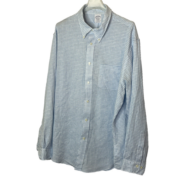 Men XXL Brooks Brothers Baird McNutt Regent Blue Gingham Linen Button Down Shirt - Picture 2 of 5